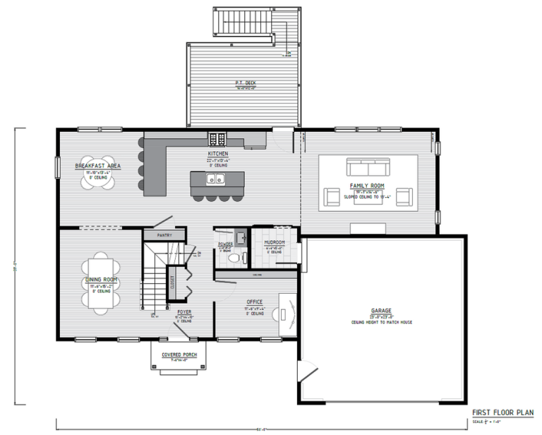 Floor plan layout showing main level with kitchen, dining area, living room, bedrooms, bathrooms, and garage
