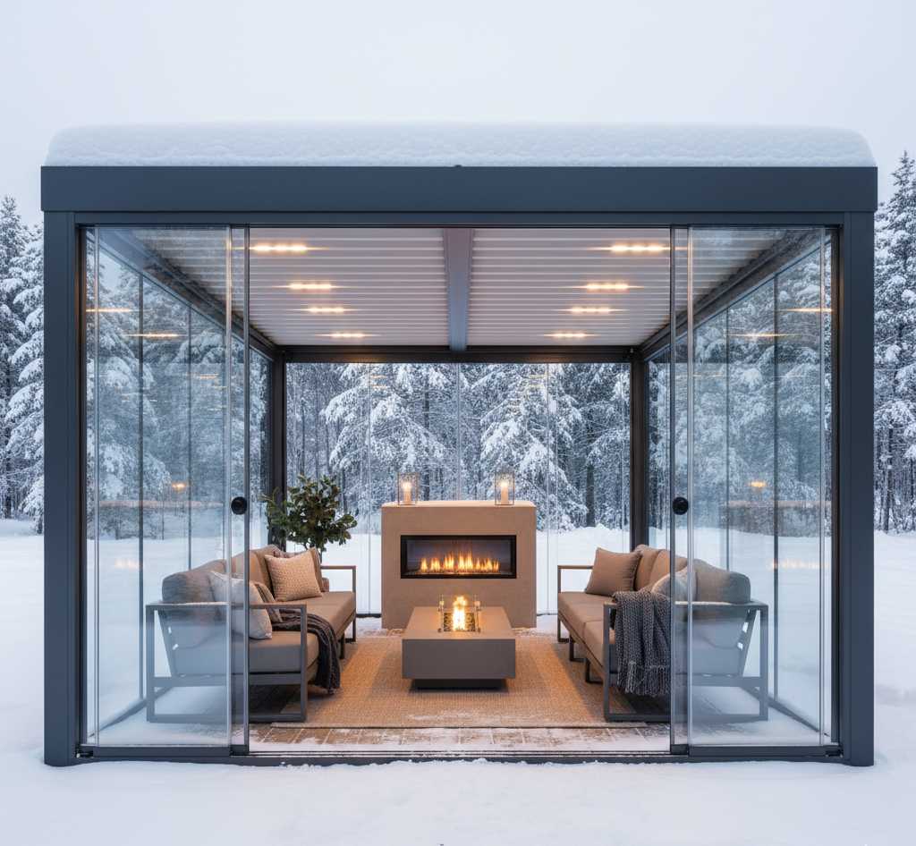Outdoor Living Space for Holiday Entertaining in Massachusetts Four season outdoor living space with heating for year round Massachusetts entertaining
